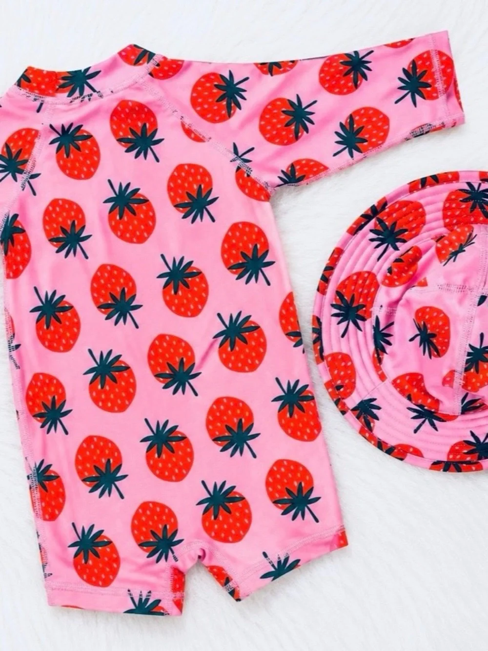 Hanna Andersson Pink Rashguard Swimsuit/Hat with Strawberry Print 3-6 months.